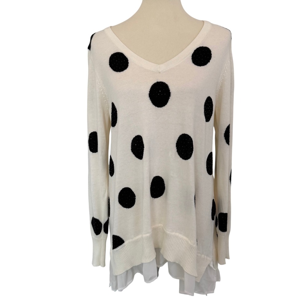 Chelsea & Theodore Womens Large White Black Polka Dot V-Neck Layered Hem Sweater